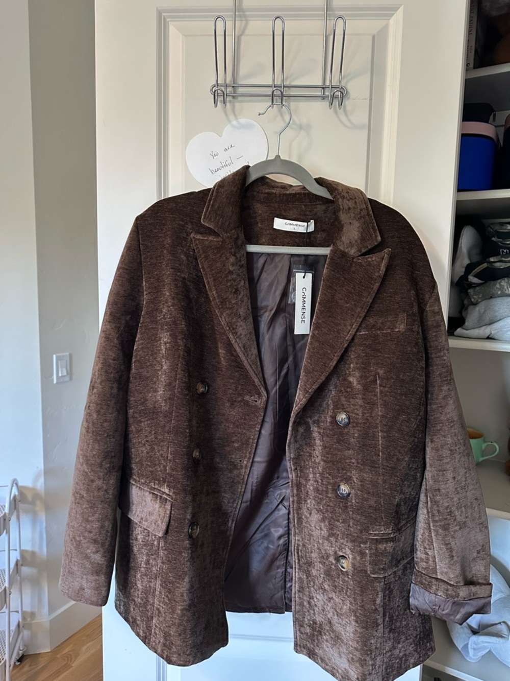 Commense Brown Velvet Double-Breasted Blazer Jacket
